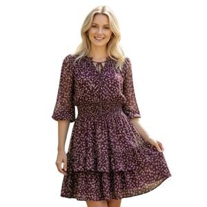 Taylor Boho Purple Floral Ruffled Fit & Flare Dress Size 14 W V-neck Puff Sleeve
